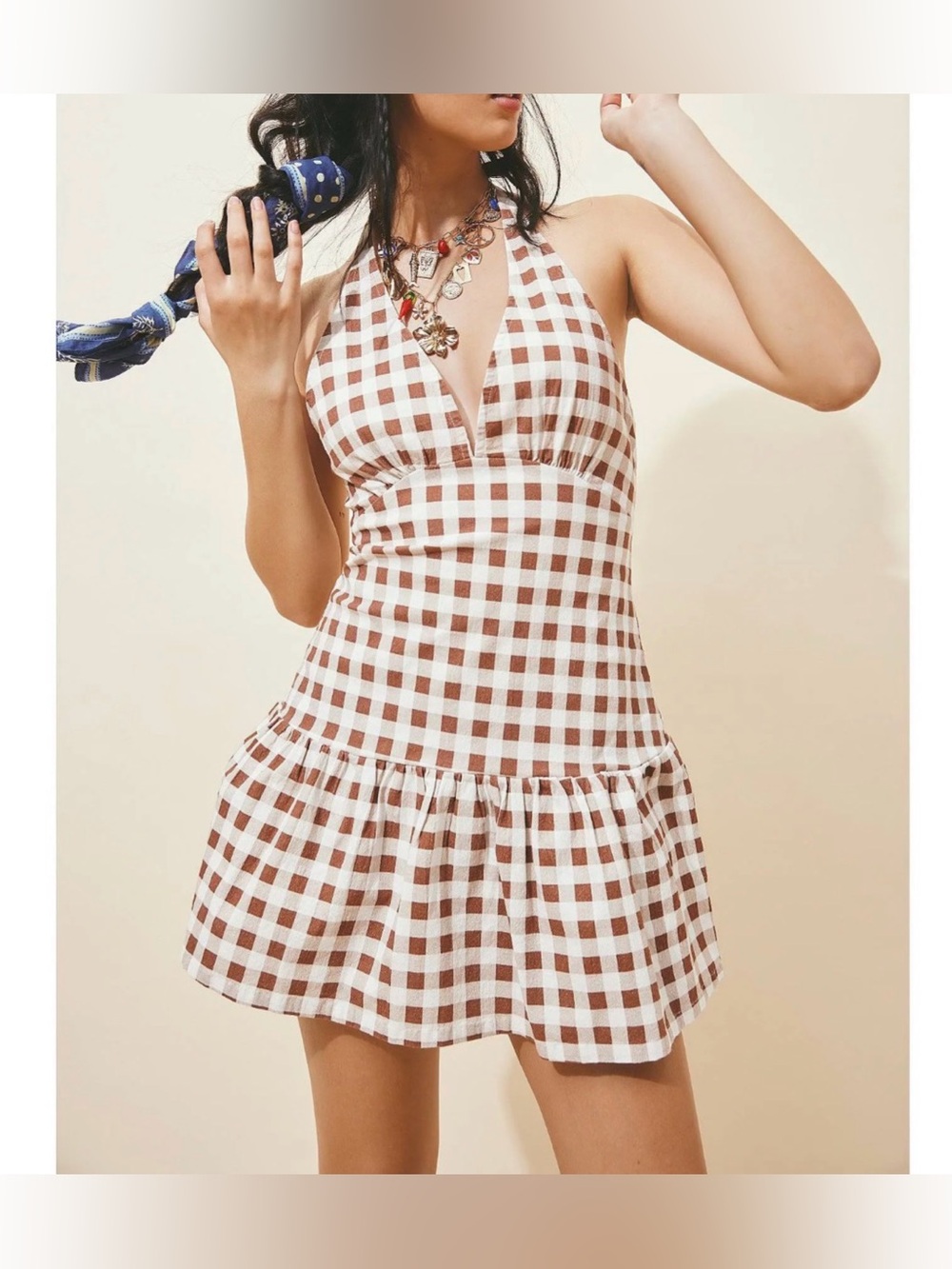 Free People Cecil Brown Gingham Halter mini dress